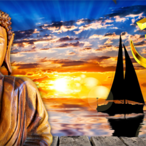 guru sculpture sitting in sunset with a sailboat in the backbround