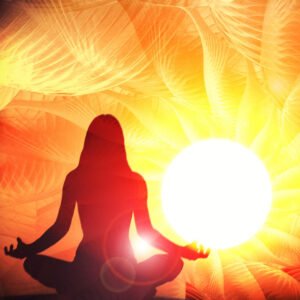 Silhouette of girl in Lotus pose at sunset and fractal background