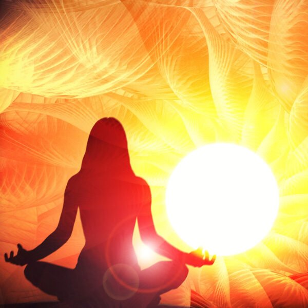 Silhouette of girl in Lotus pose at sunset and fractal background