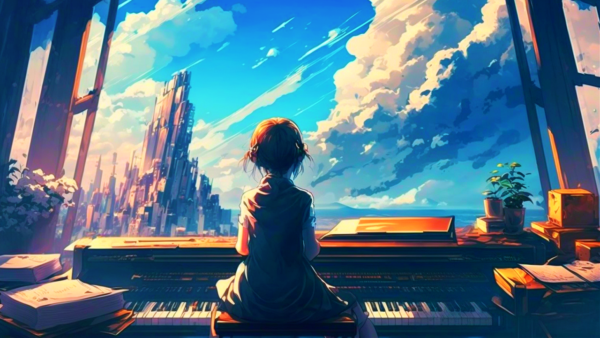 Alexander1111ART emotional anime sitting on a piano looking at 49e8cc94 6931 4571 add6 faab234e56eb 2